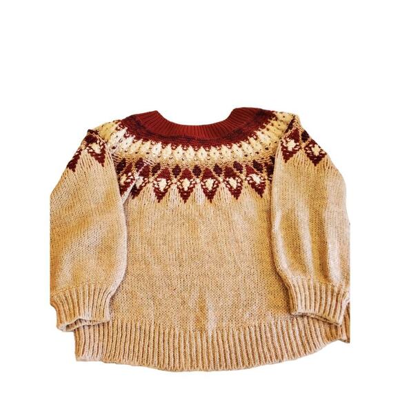 Express Fair Isle Sweater Puff Sleeve Knit Burgundy Beige Pullover - Picture 2 of 8
